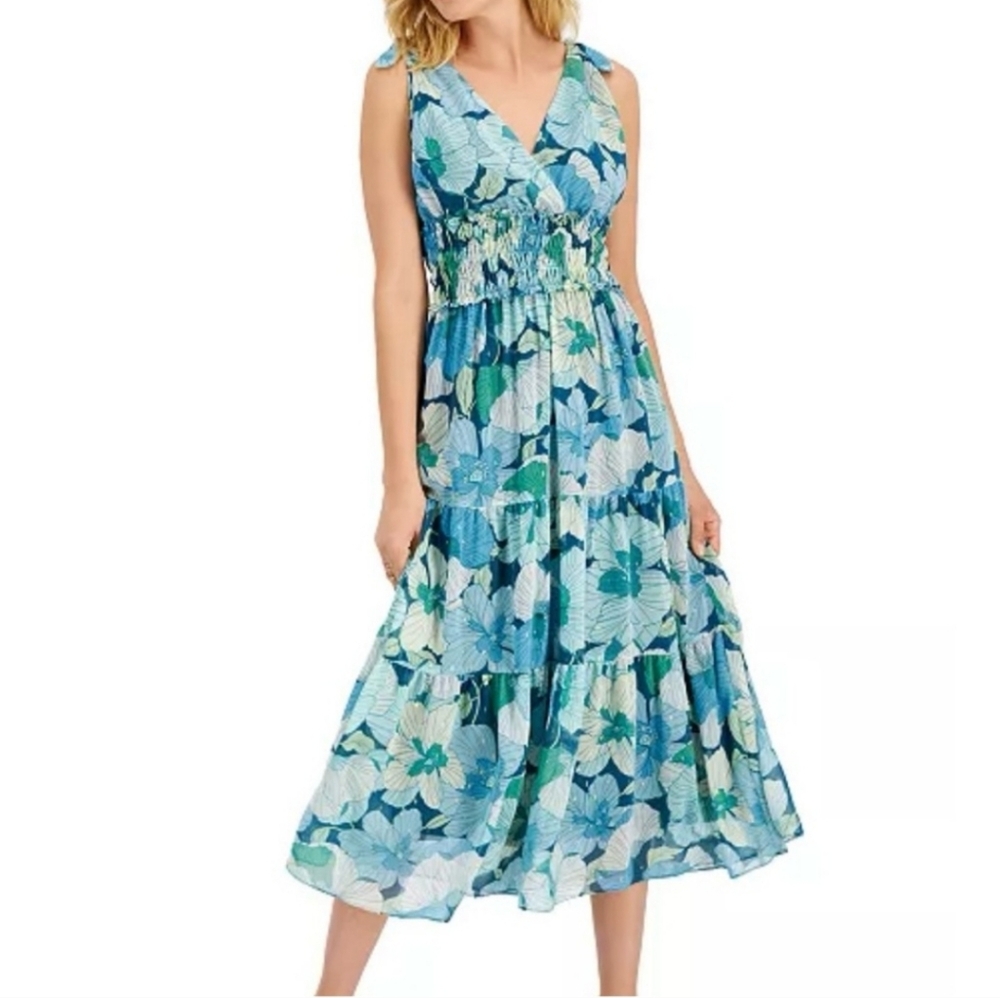 Blue Floral Tiered Maxi Shimmer Just Taylor Dress Sz 14